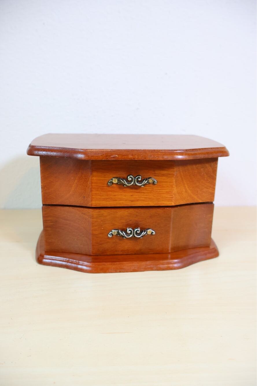 Vtg Wood Jewelry Box Mirror Drawer Keepsake Case Organizer Small Trinket Chest